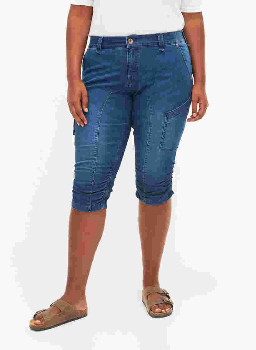 Jean capri coupe slim avec poches, Dark blue denim, Model image number 3