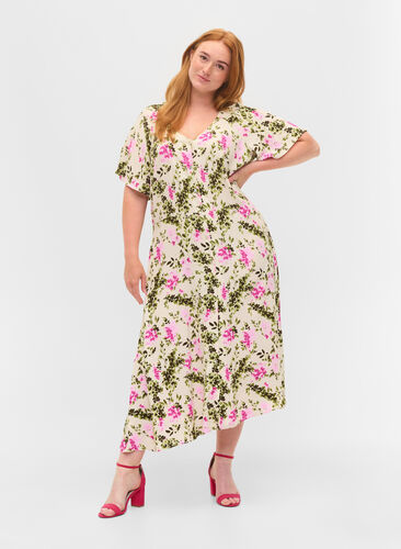 Geknoopte midi-jurk van viscose, Green Pink AOP, Model image number 0