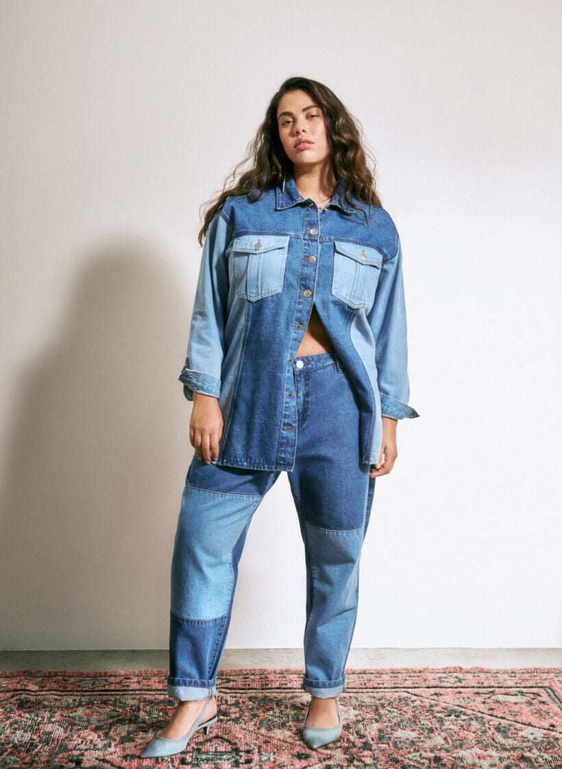 Mille mom fit-jeans met colorblock en hoge taille, Light Blue Denim, Image