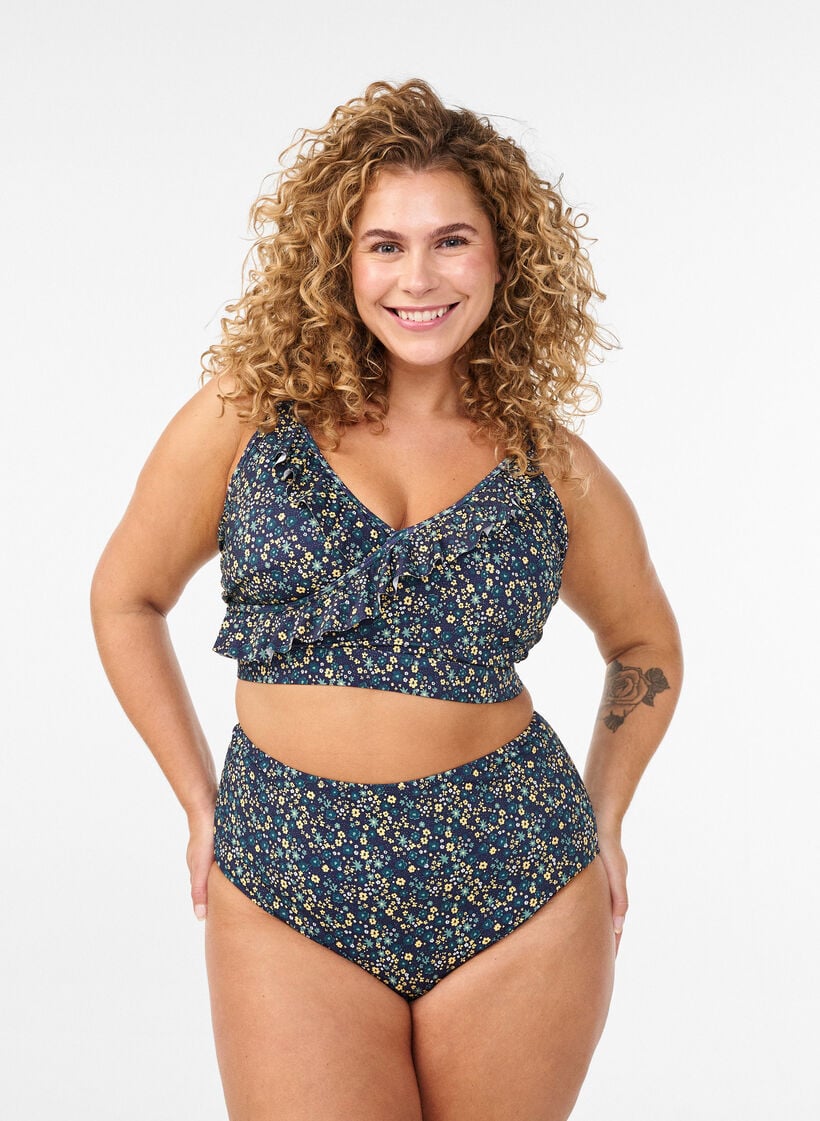 Haut de bikini &agrave; fleurs et &agrave; d&eacute;tails de jabot, Bleu p&eacute;trole, Model image number 1