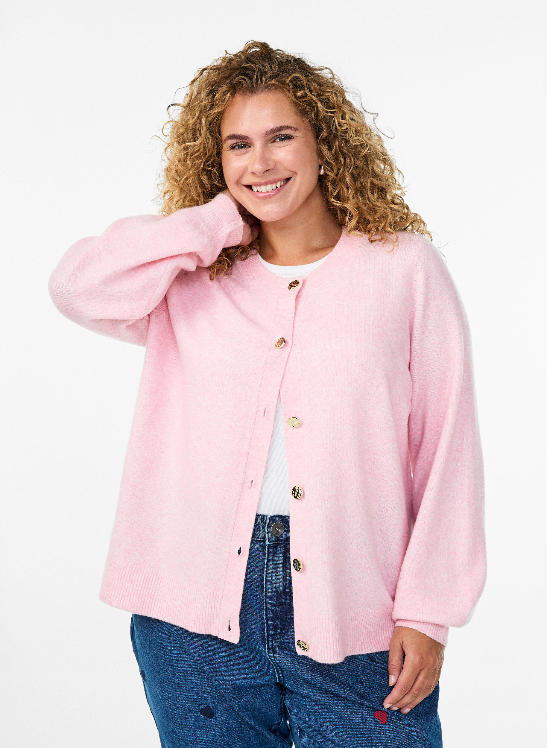 Cardigan in zacht breisel met goudkleurige knopen, Roze, Model