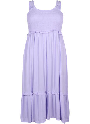 Viscose midi-jurk met smok, Lavender, Packshot image number 0