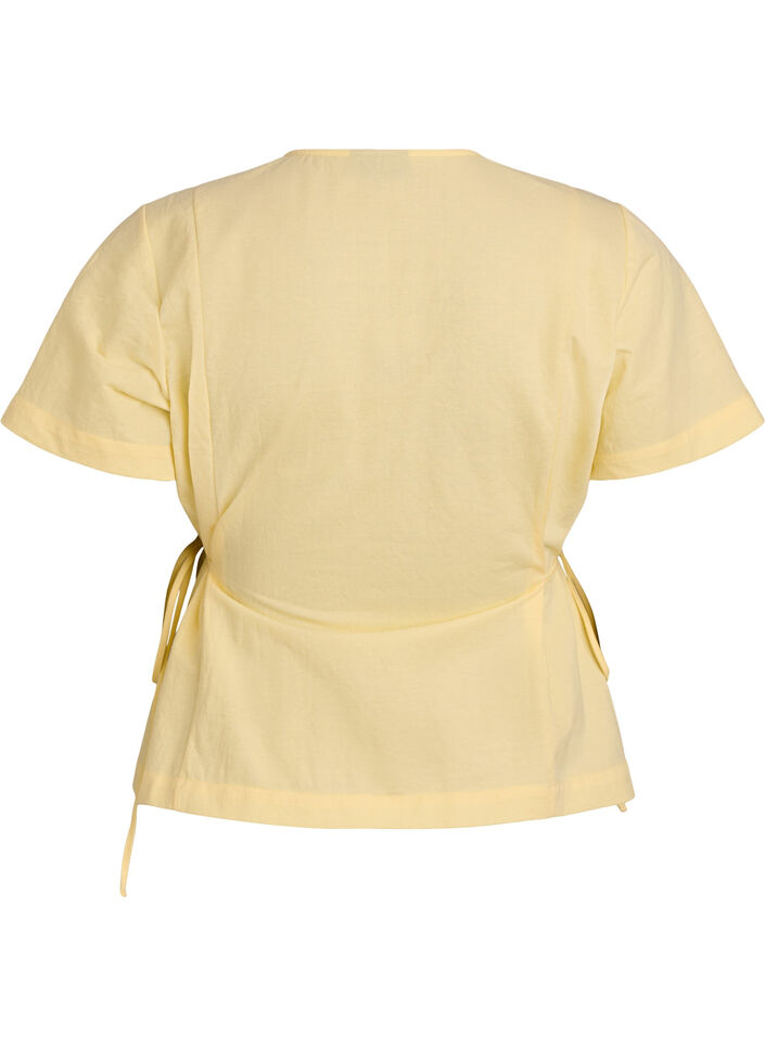 Blouse in een katoenmix met V-hals en striklint, Geel, Packshot image number 1