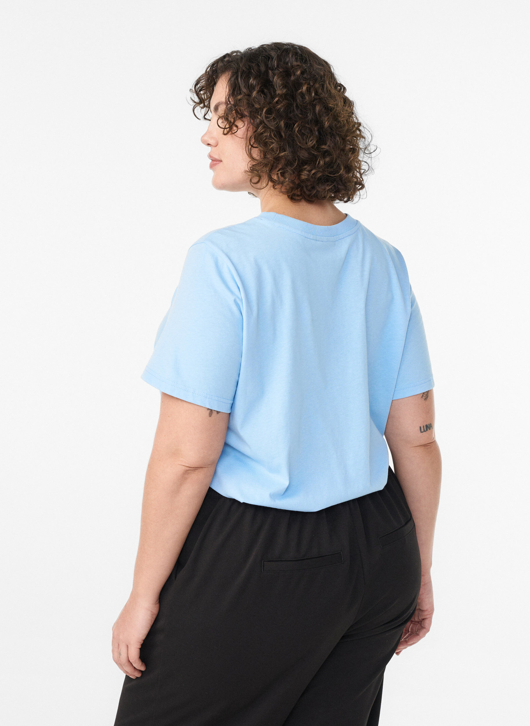 ZizziBasic katoenen T-shirt met ronde hals, Blauw, Model image number 2