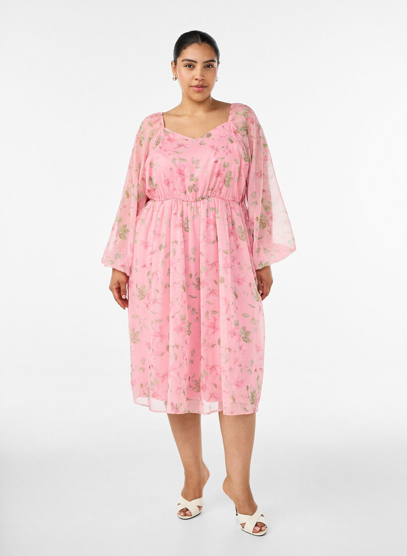 Robe de soir&eacute;e en mousseline &agrave; manches longues, Rose, Model image number 0