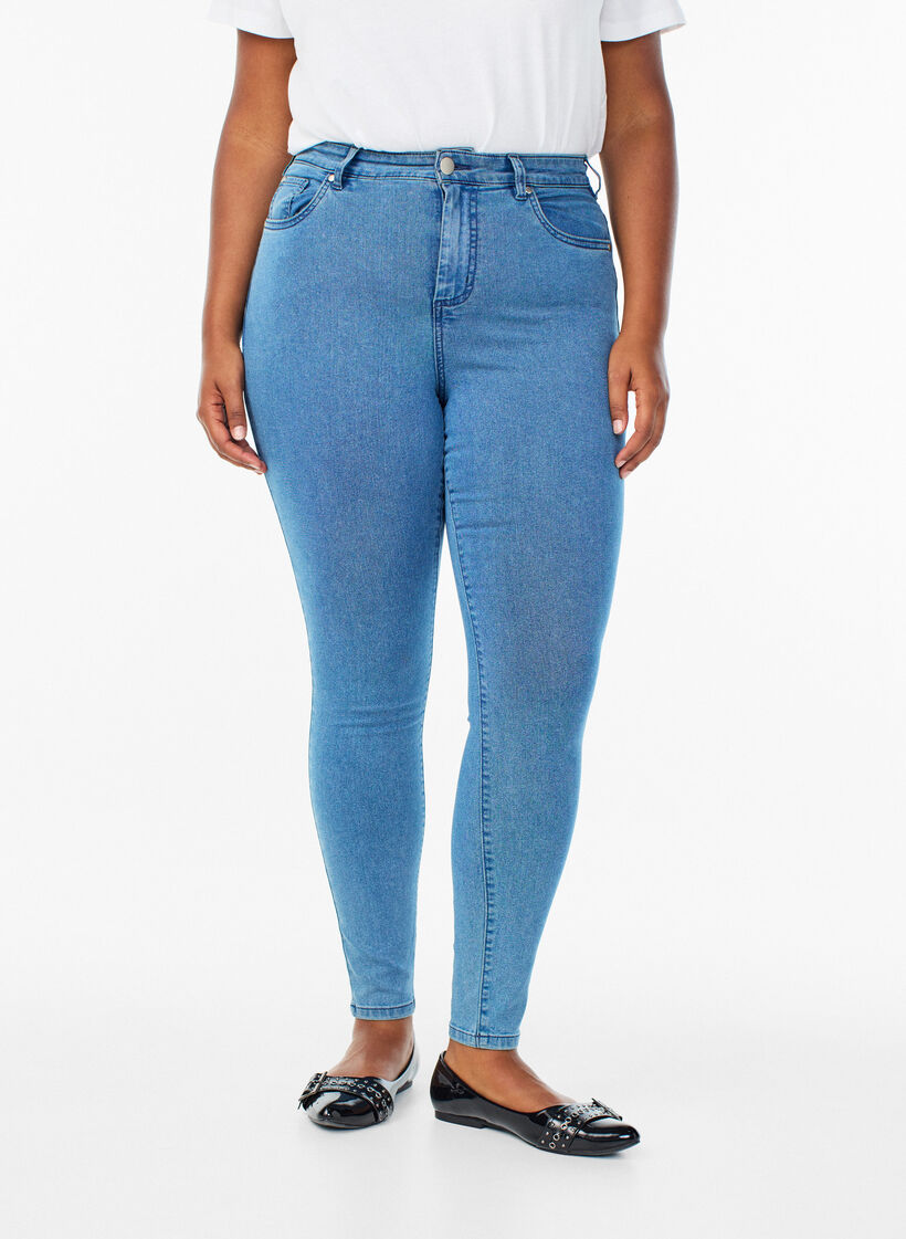 Jean Amy taille haute coupe super slim, Bleu, Model image number 2