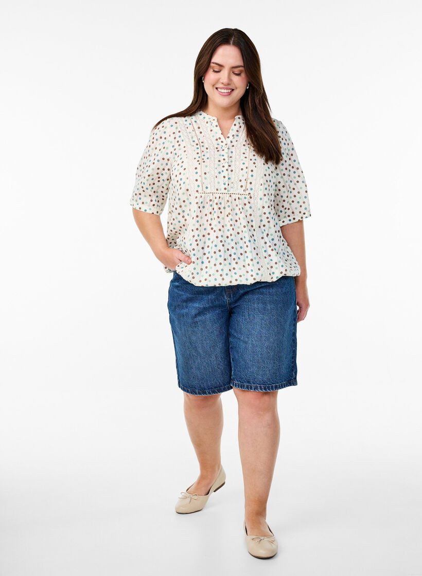 Blouse imprim&eacute;e &agrave; manches 1/2, Blanc, Model image number 1