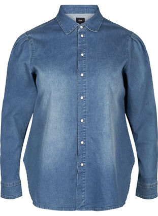 Denim blouse met pofmouwen, Blue denim, Packshot image number 0