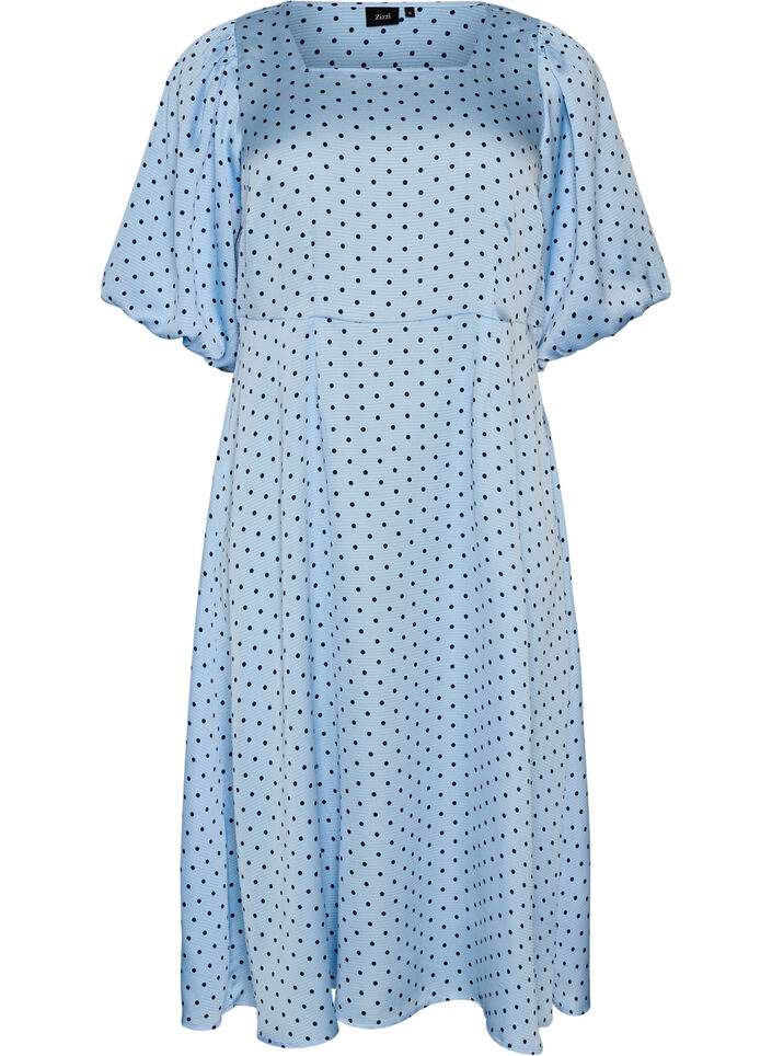 Polkadot midi-jurk met vierkante halslijn, Blauw, Packshot image number 0