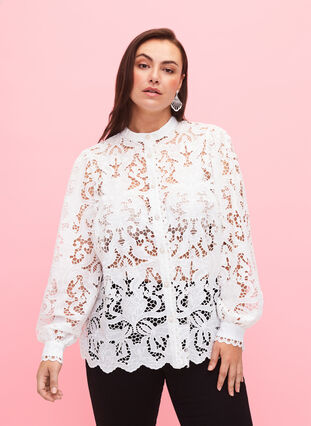 Kanten shirt blouse met lange mouwen, White, Model image number 0