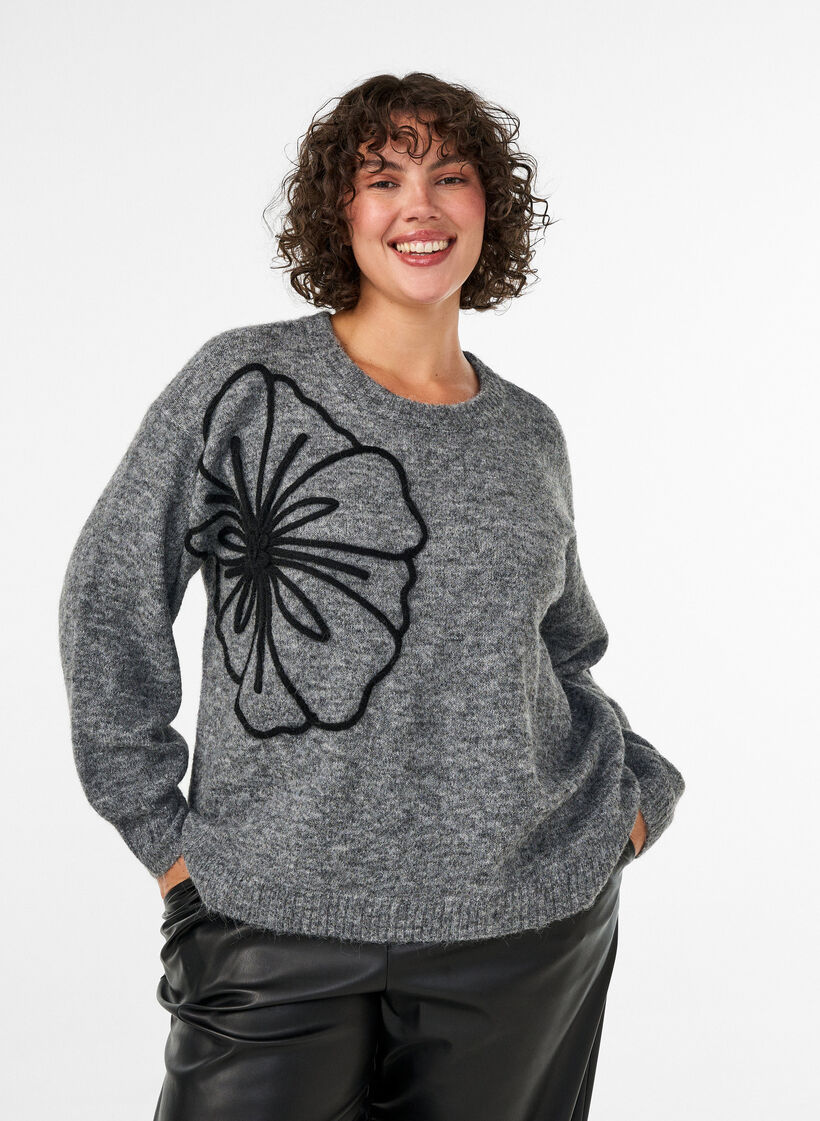 Pull avec application florale, Gris, Model image number 0
