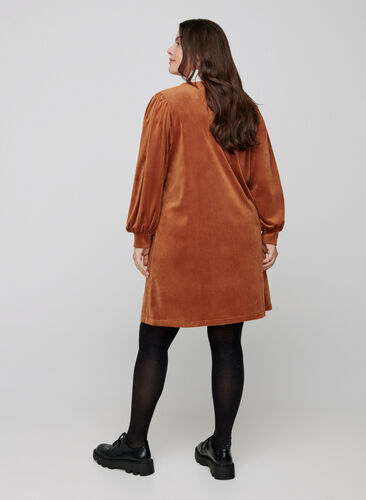 Velours jurk met lange pofmouwen, Brown ASS, Model image number 1