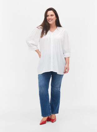 Viscose blouse met 3/4 mouwen en ruches, Bright White, Model image number 2