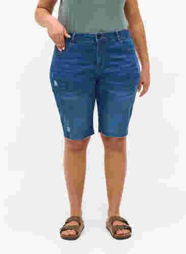 Short en jean avec poches et ourlet brut, Blue denim, Model image number 1