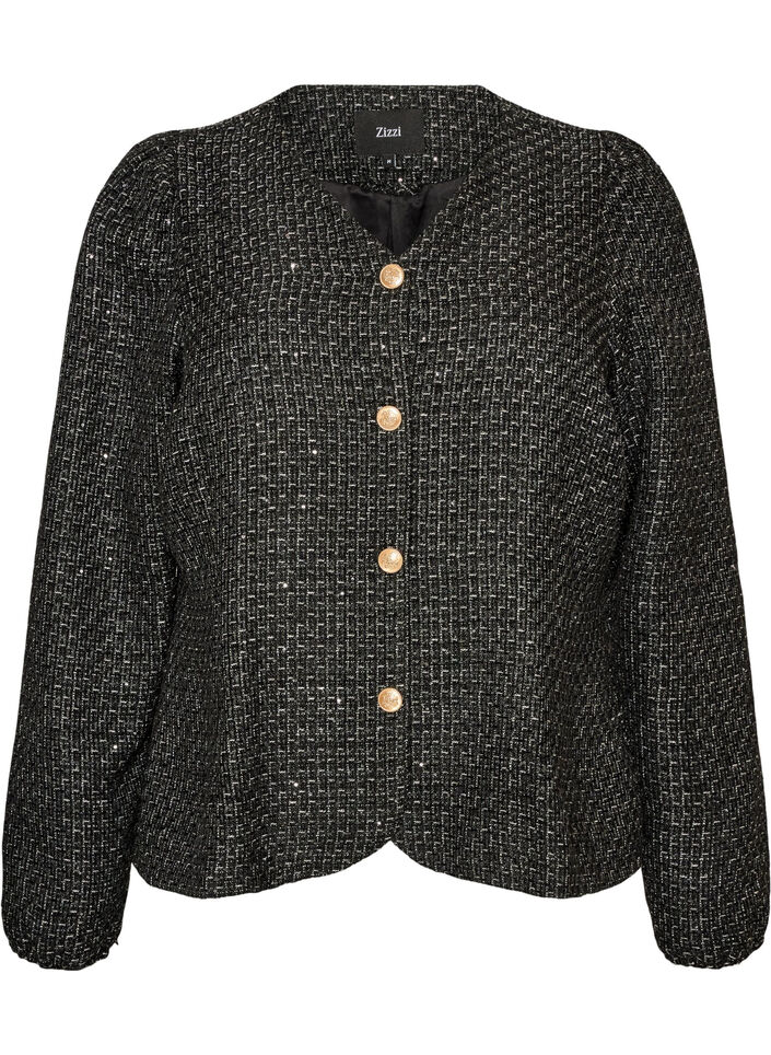 Boucl&eacute; jasje met pailletten en decoratieve knopen, Zwart, Packshot image number 0