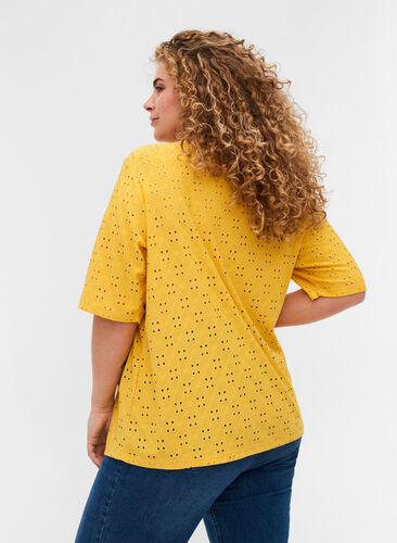 Blouse avec broderie anglaise et manches 2/4, Mimosa, Model image number 1