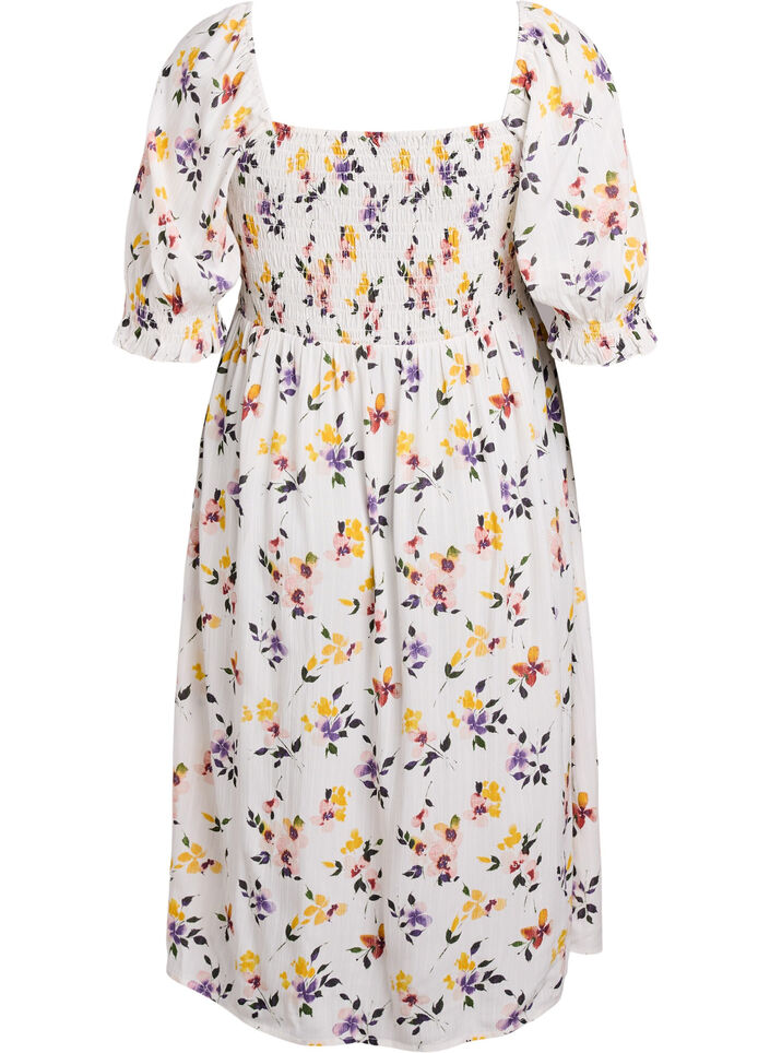 Gebloemde viscose midi-jurk met smock, Wit, Packshot image number 1