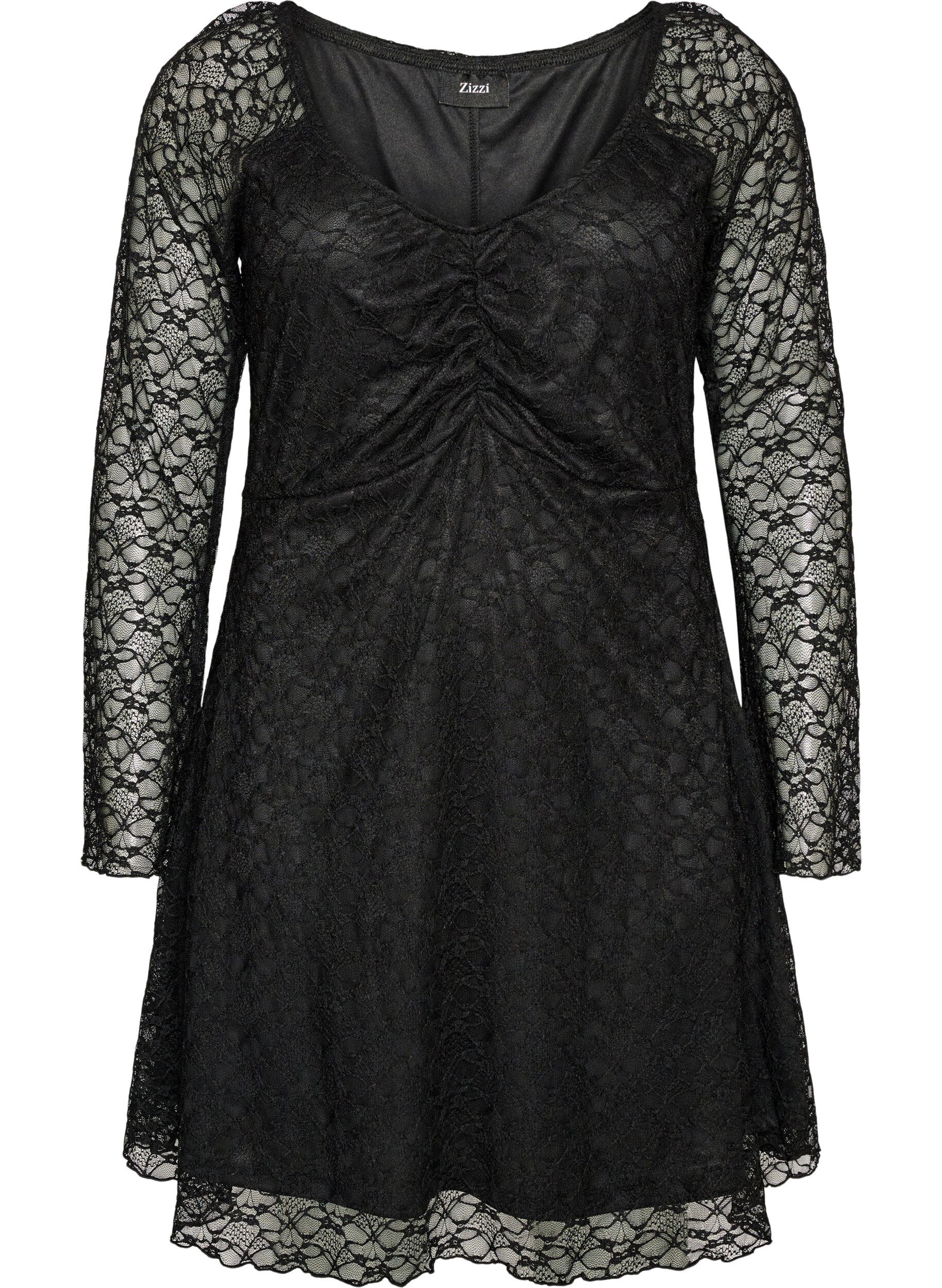 ZizziRobe en dentelle avec manches trompette et coupe &eacute;vas&eacute;e, Noir, Packshot image number 0