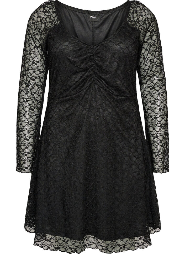 Robe en dentelle avec manches trompette et coupe &eacute;vas&eacute;e, Noir, Packshot image number 0