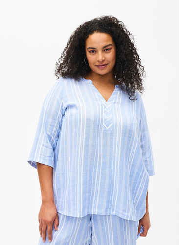 Gestreepte blouse in een mix van linnen en viscose, Serenity Wh.Stripe, Model image number 0