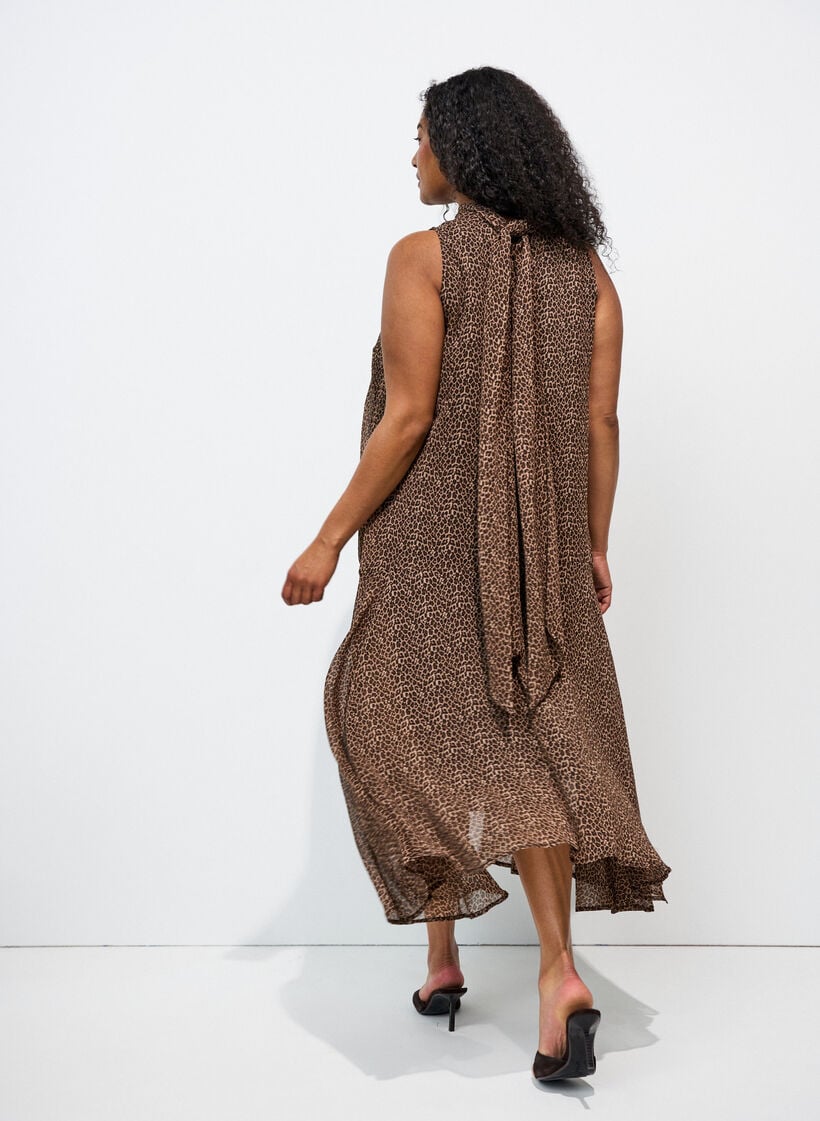 Midi jurk in chiffon met luipaardprint en een strik in de taille, Bruin, Model image number 1