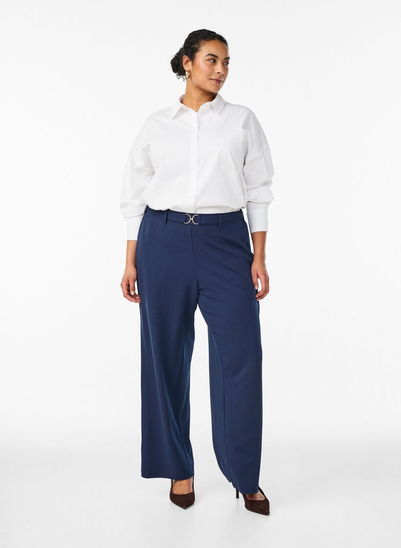 Pantalon taille haute avec ceinture et boucle dor&eacute;e, Bleu, Model image number 0