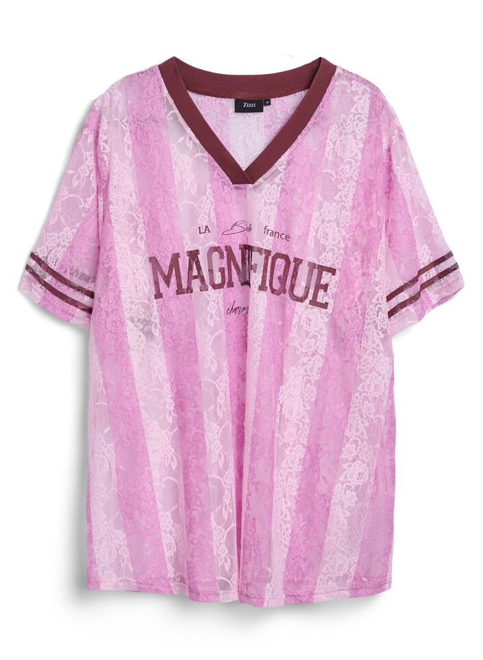 Gestreepte kanten blouse met opvallende print, Roze, Packshot image number 0