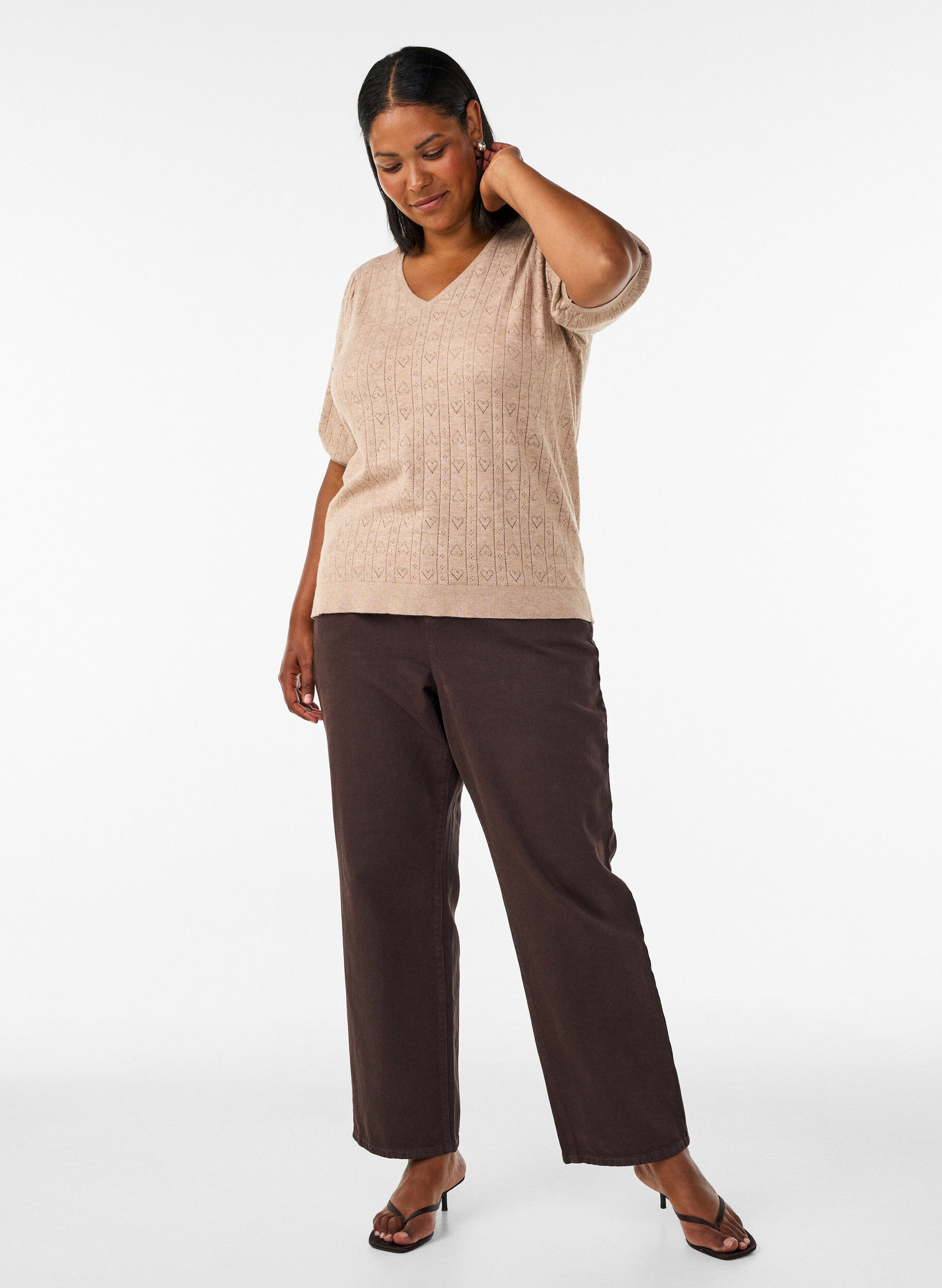 ZizziBlouse en maille pointelle &agrave; manches courtes, Beige, Model image number 1