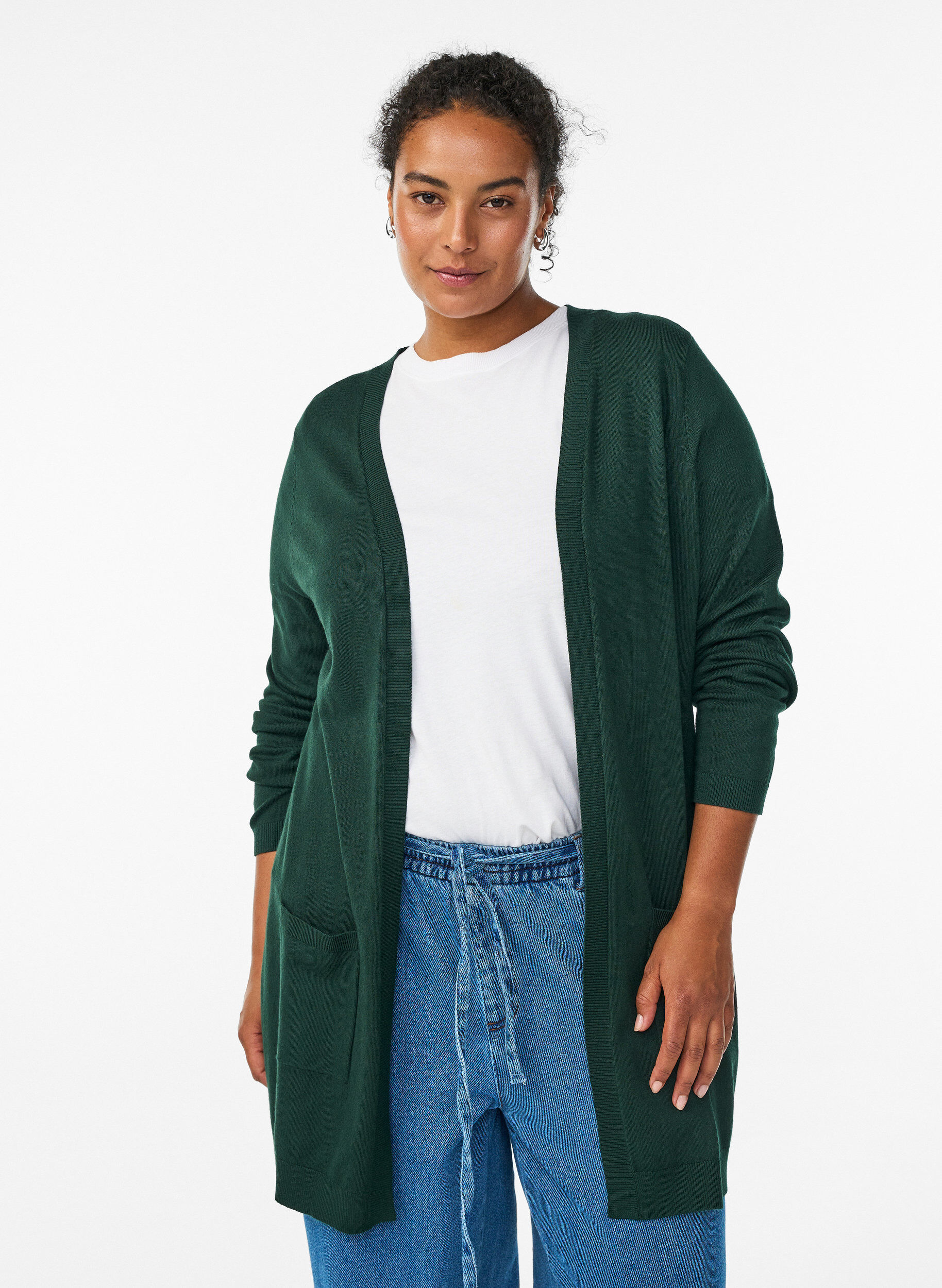 Long cardigan tricot&eacute; en m&eacute;lange de viscose, Vert fonc&eacute;, Model