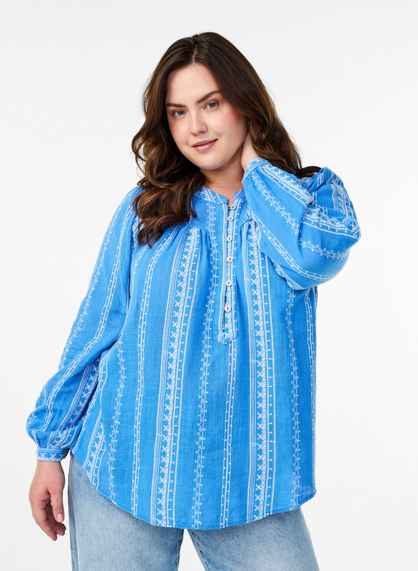 Blouse met geborduurd patroon, Blauw, Model image number 0