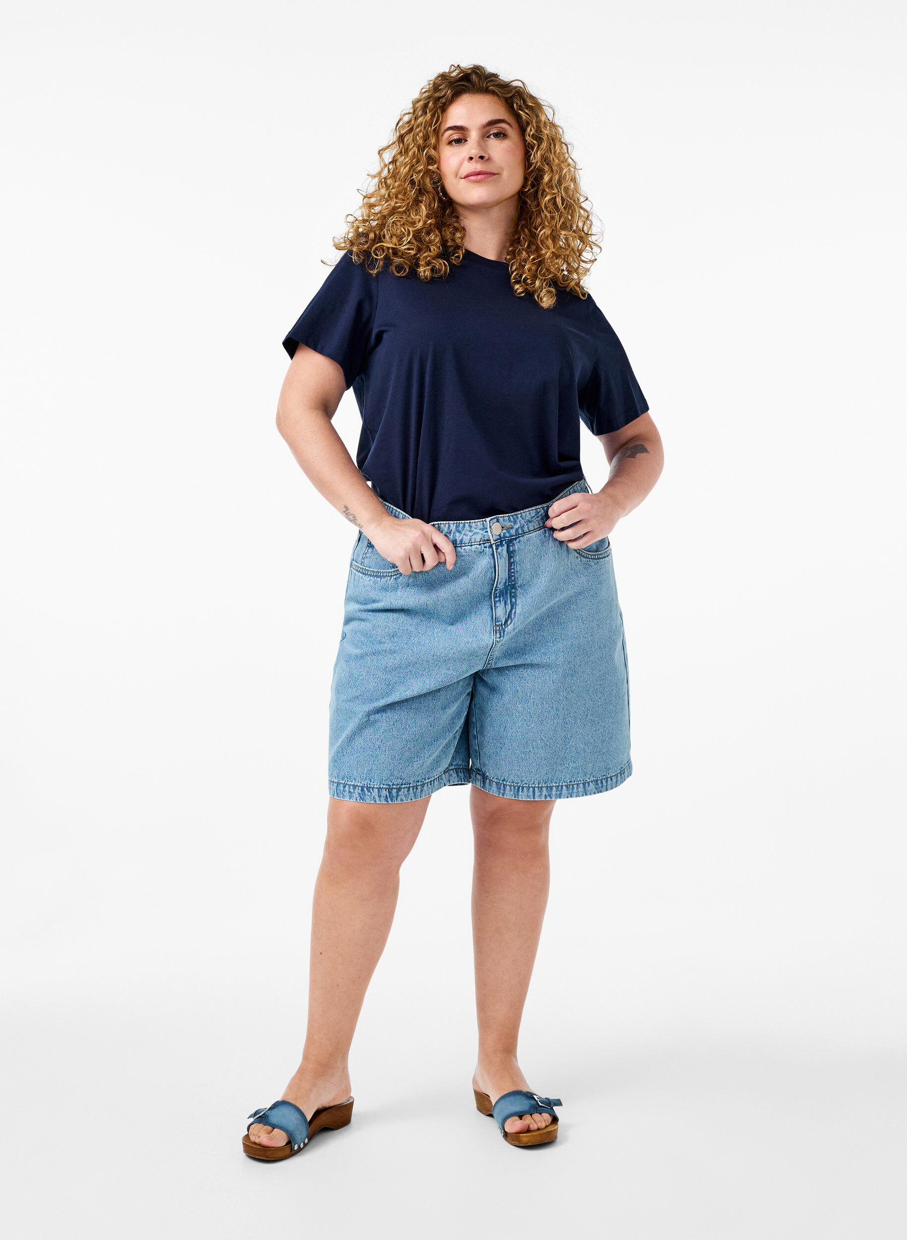 ZizziBasic katoenen T-shirt met ronde hals, Blauw, Model image number 1