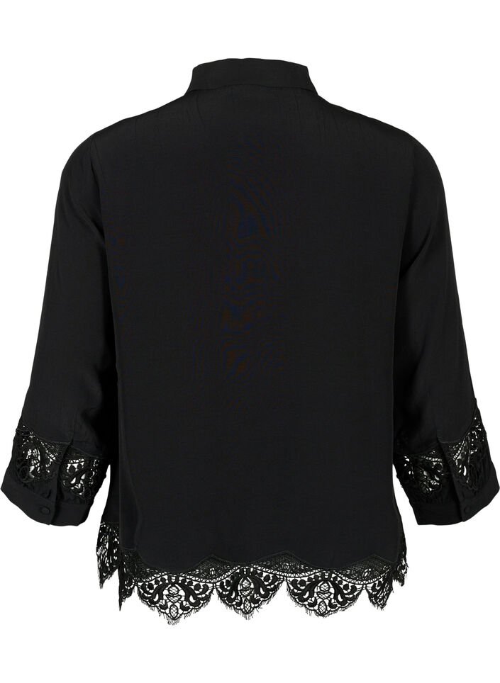 Viscose shirt met 3/4 mouwen en borduurdetails, Black, Packshot image number 1