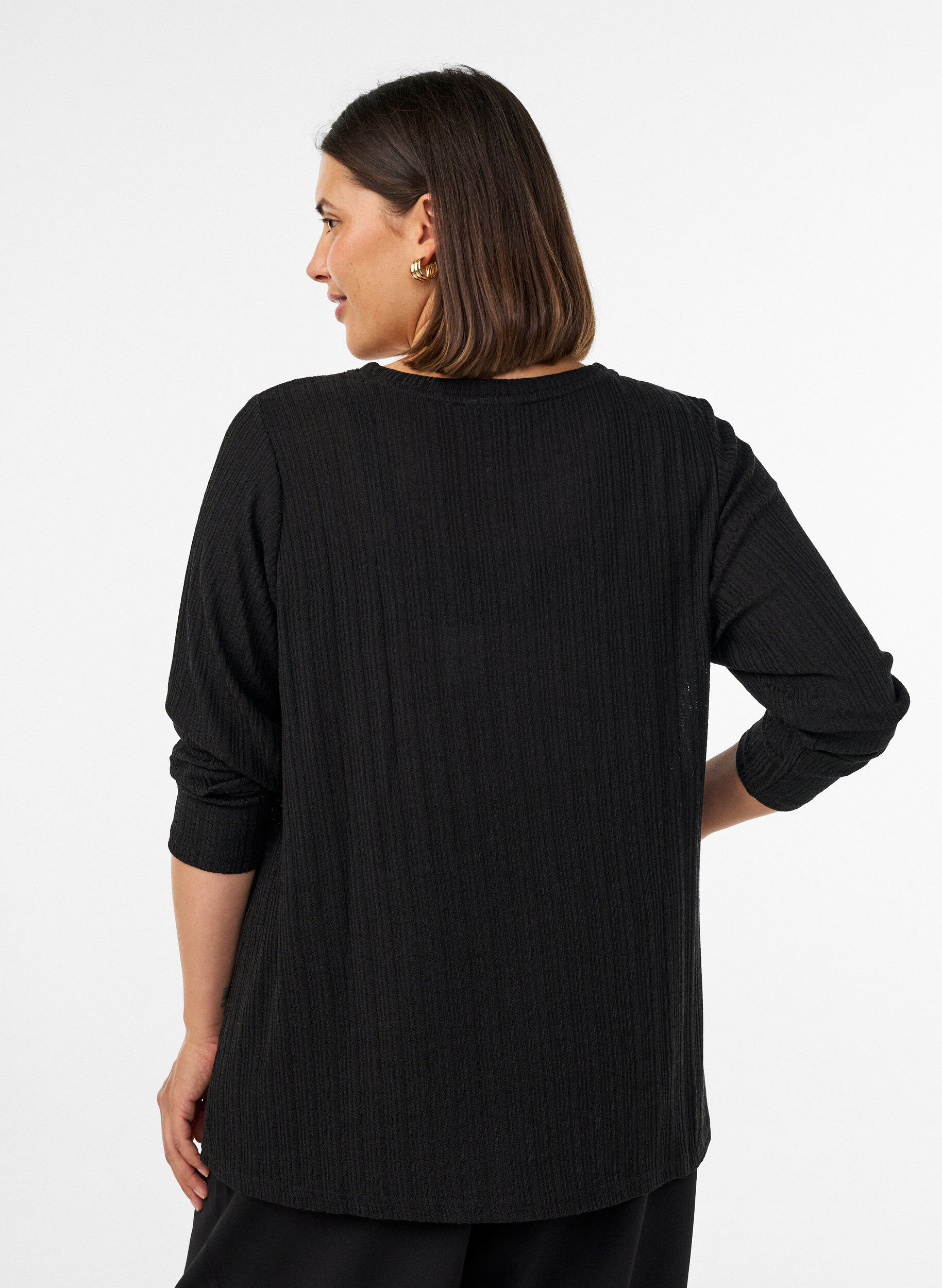 ZizziJersey blouse met geribde structuur en lange mouwen, Zwart, Model image number 2