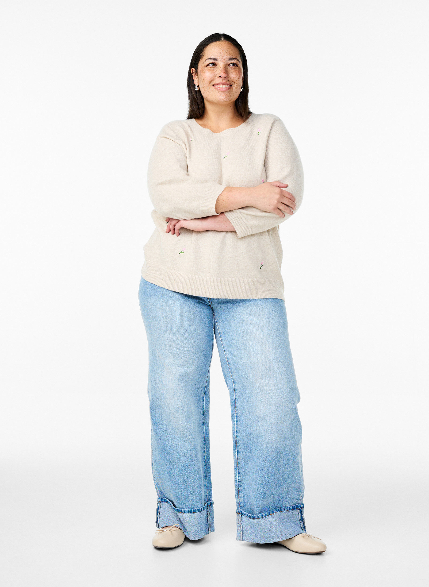 ZizziGebreide blouse met bloemen en 3/4 mouwen, Pumice Stone Mel., Model image number 2