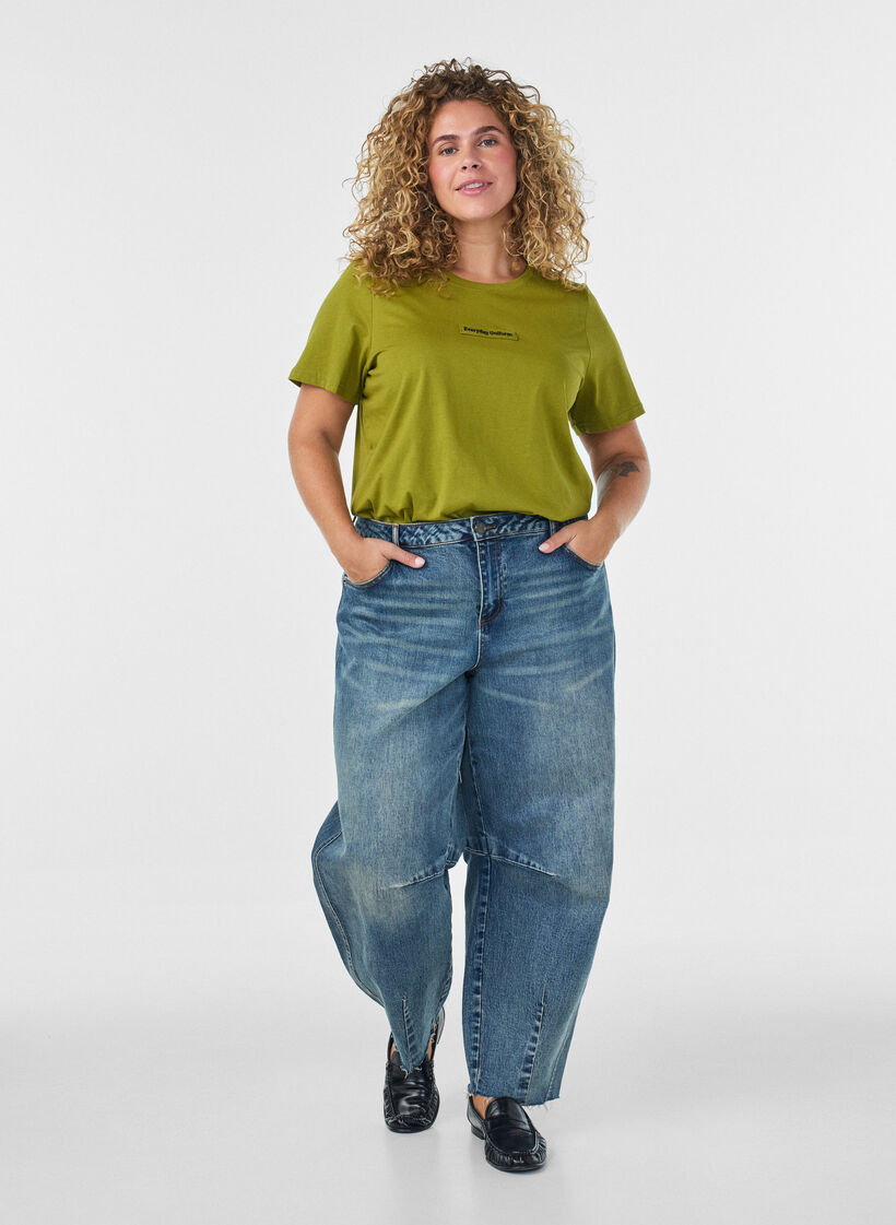 Katoenen T-shirt met tekstbadge, Groen, Model image number 1