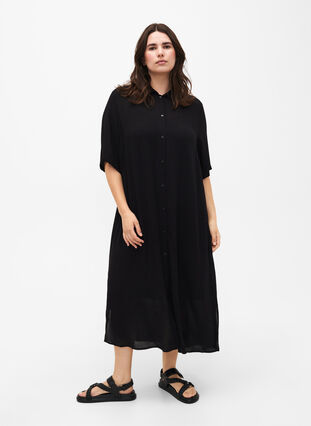 Robe chemise à manches courtes en viscose, Black, Model image number 0