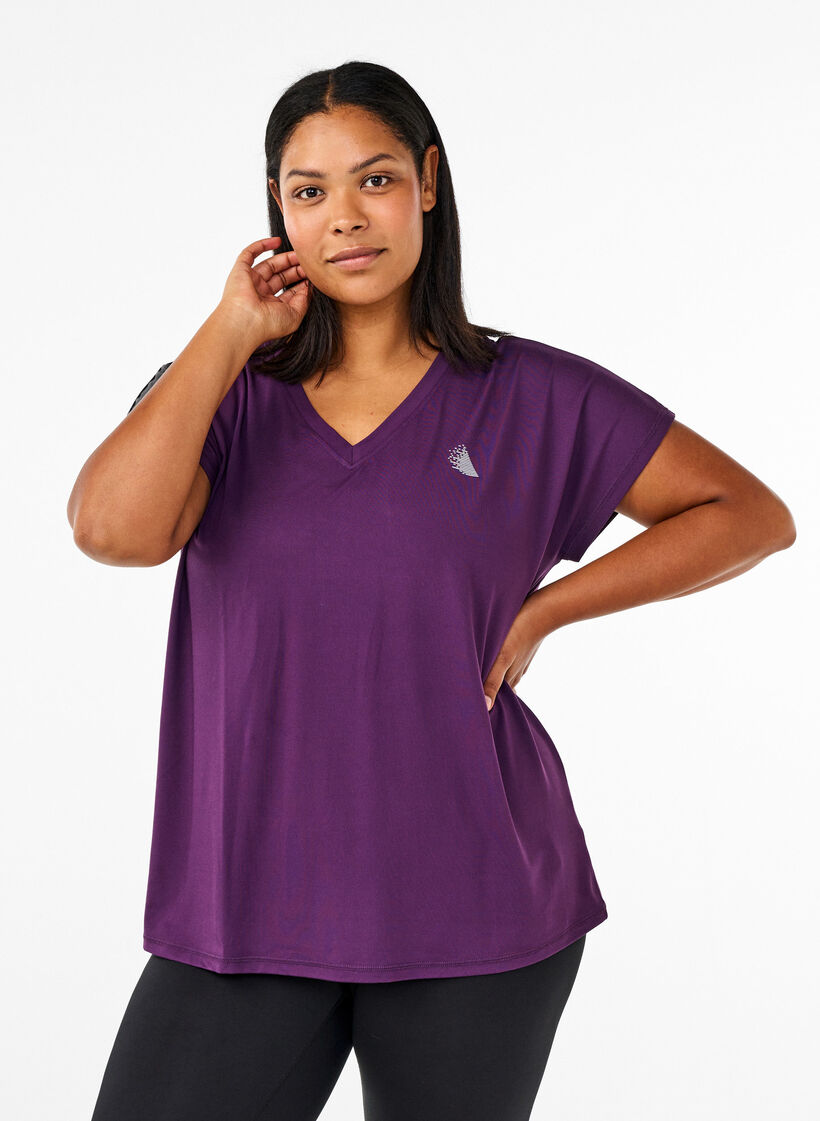 T-shirt de sport ample avec col en V, Violet, Model image number 0