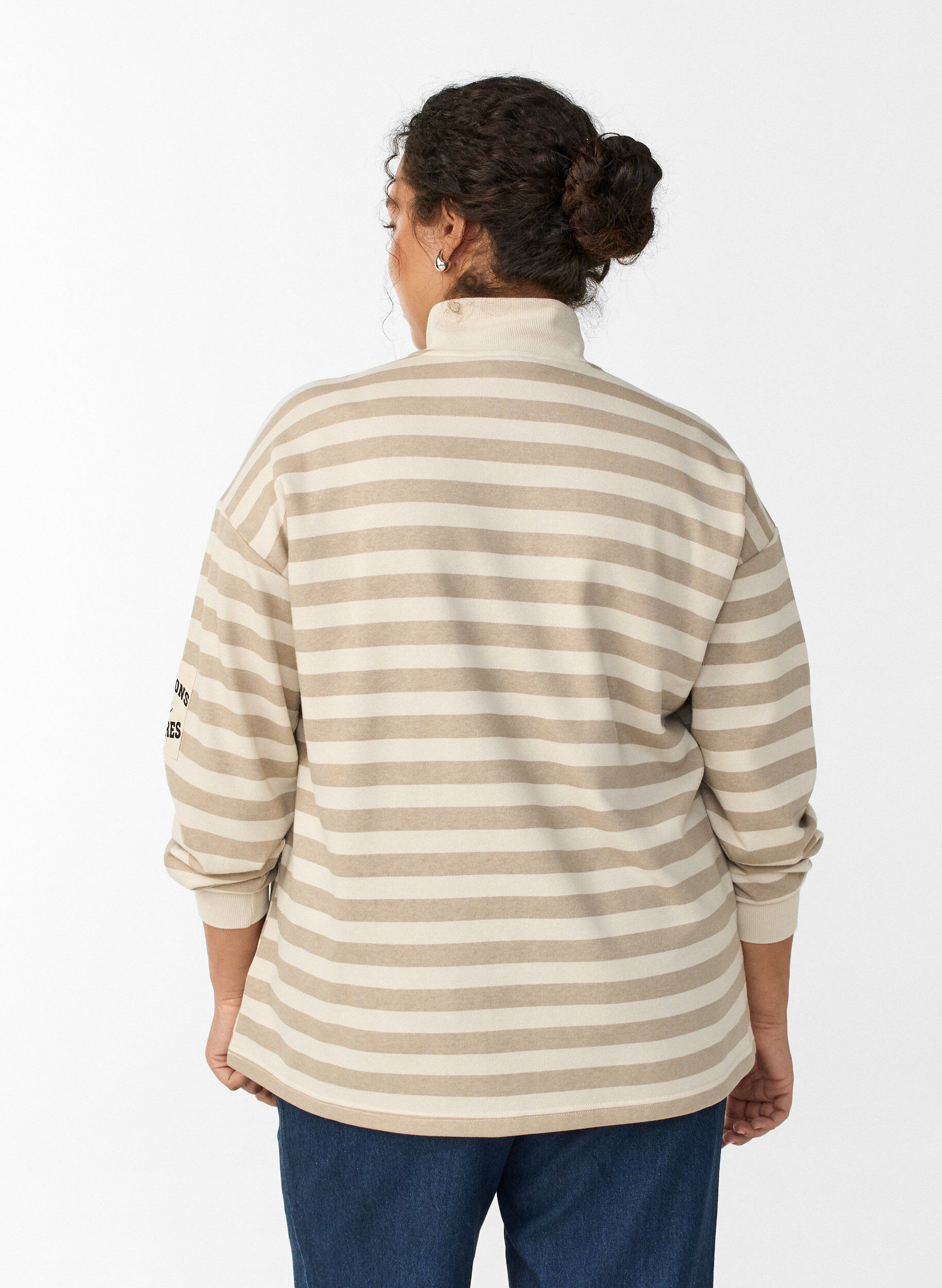 ZizziGestreept sweatshirt met hoge col en ritssluiting, Beige, Model image number 2