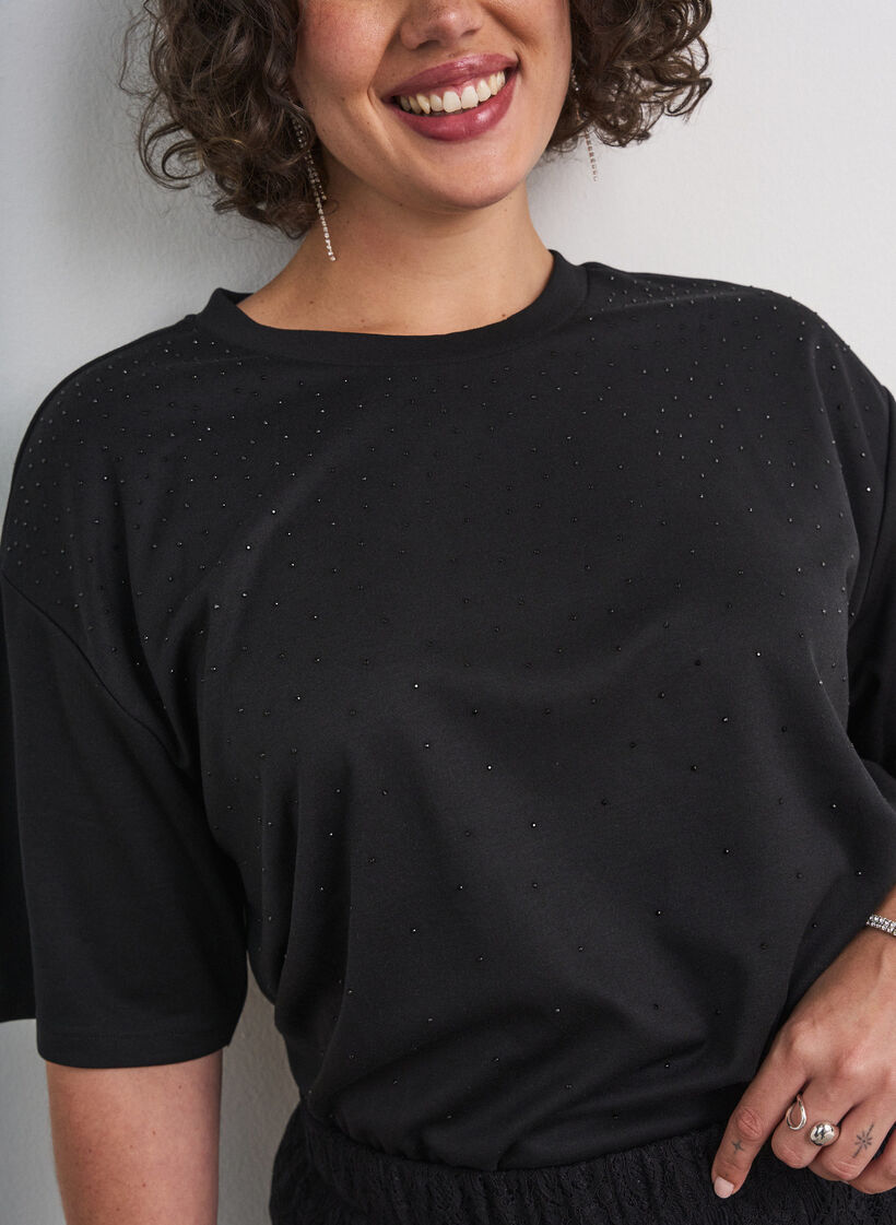 T-shirt avec strass et col rond, Noir, Model image number 3
