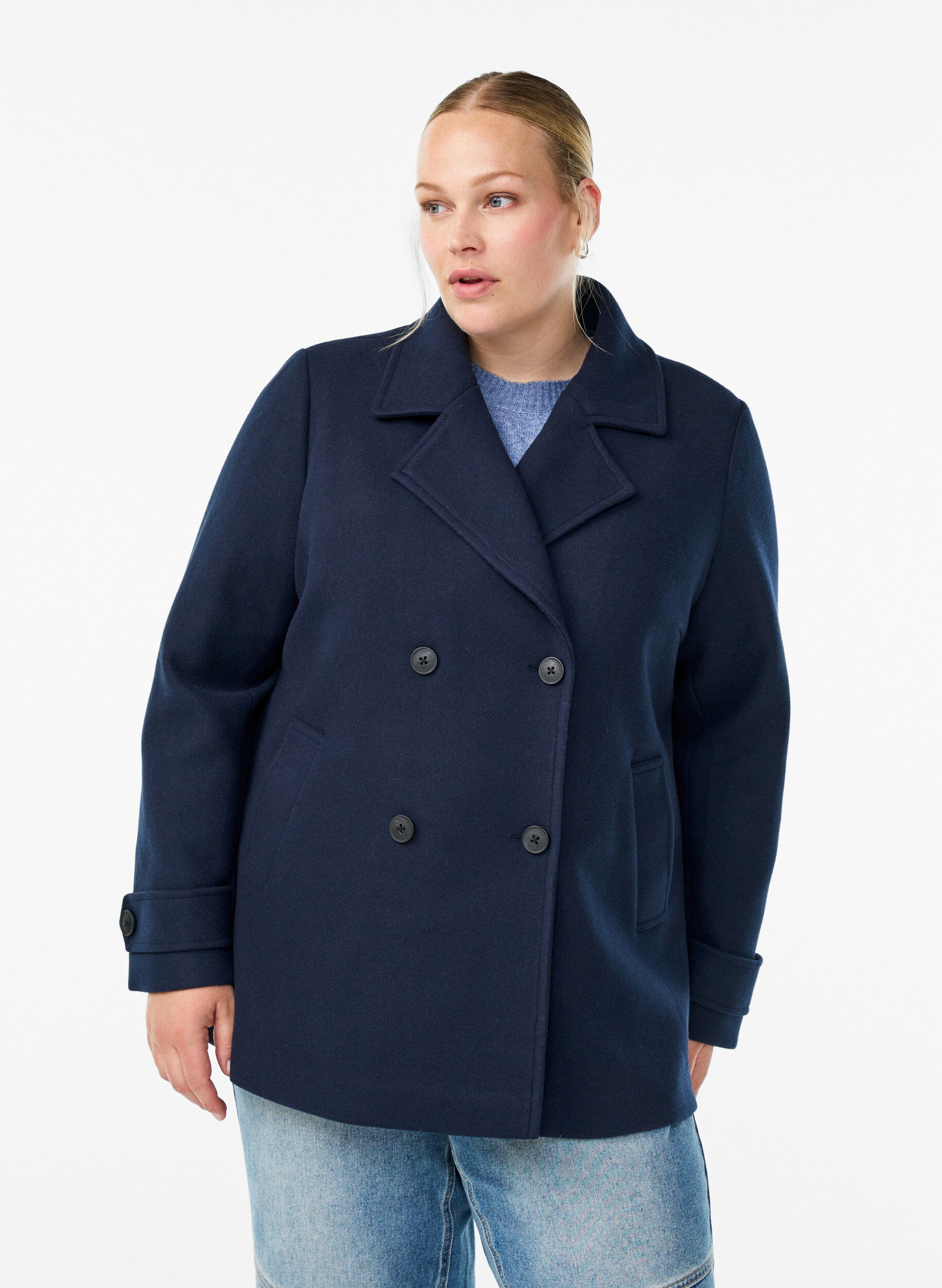 Manteau court &agrave; boutonnage crois&eacute;, Bleu, Model