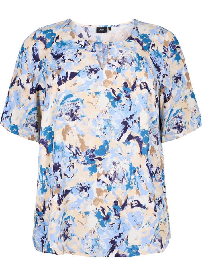 Korte mouw visrose Blouse met print, Blauw, Packshot image number 0
