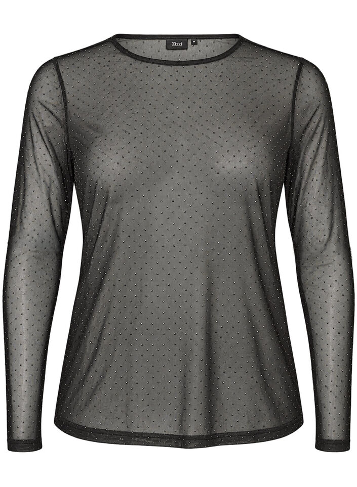 Transparante mesh blouse met strassteentjes, Zwart, Packshot