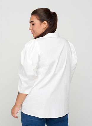 Katoenen blouse met 3/4 pofmouwen, Bright White, Model image number 1