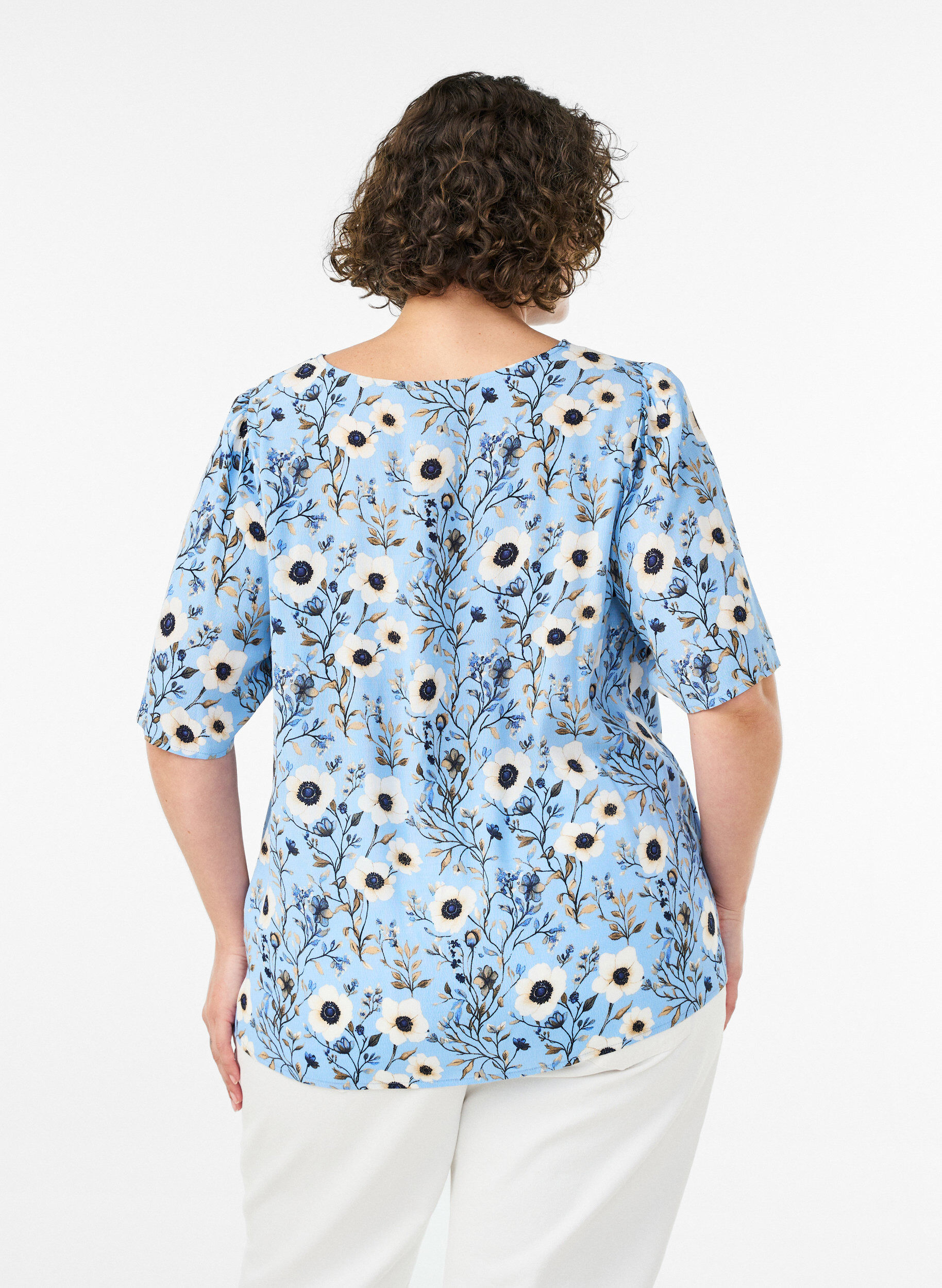 ZizziBloemenblouse met korte mouwen, Blauw, Model image number 2