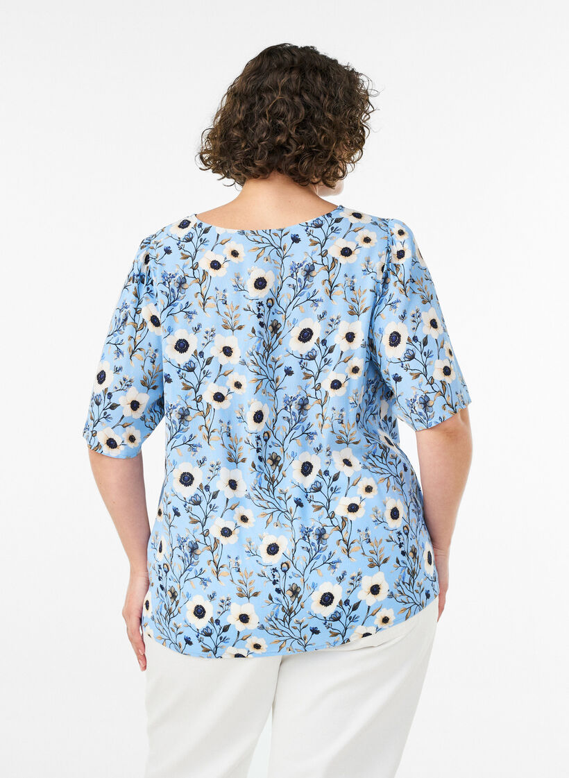 Bloemenblouse met korte mouwen, Blauw, Model image number 2