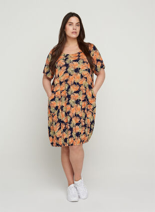 Viscose jurk met print en korte mouwen , Orange Leaf, Model image number 2