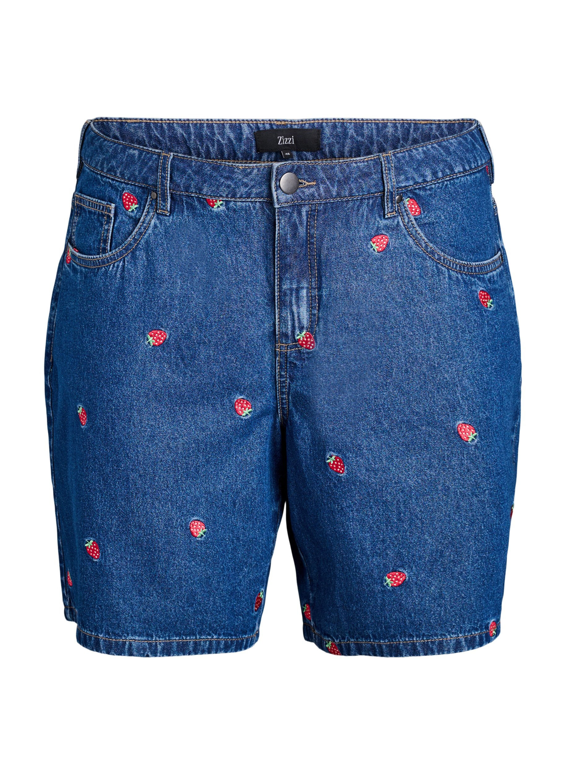 Shorts en jean avec fraises brod&eacute;es