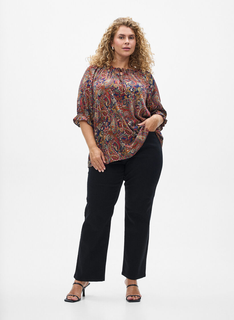 Blouse en viscose &agrave; imprim&eacute; paisley et manches coudes, Bleu, Model image number 1