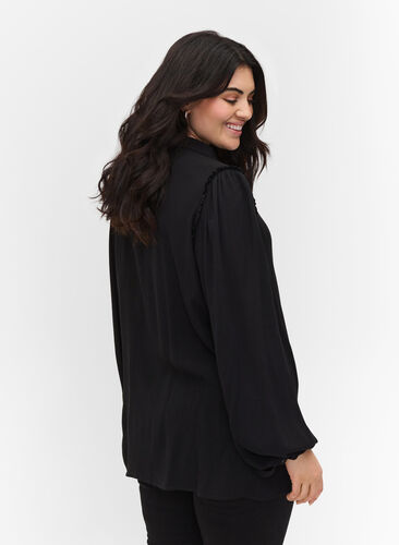 Viscose blouse met ruche details en lange mouwen, Black, Model image number 1