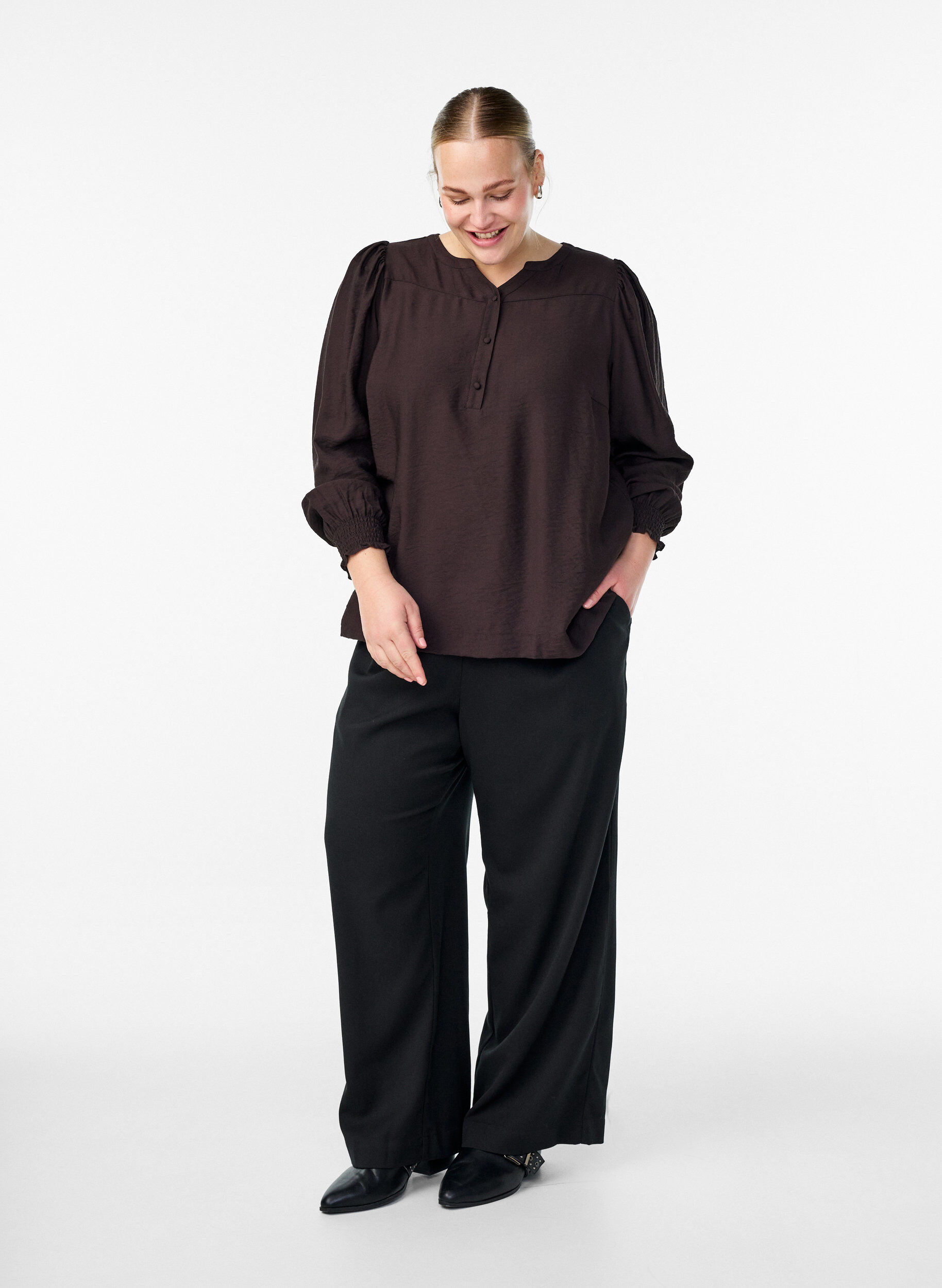 ZizziViscose blouse met smock en geplooide details, Bruin, Model image number 1